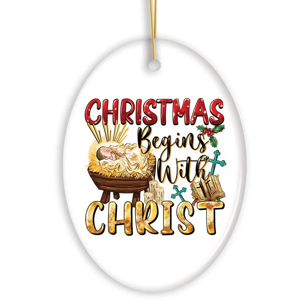 Dazzling Christmas Begins with Christ Ornament, Ceramic Christian Holiday Art